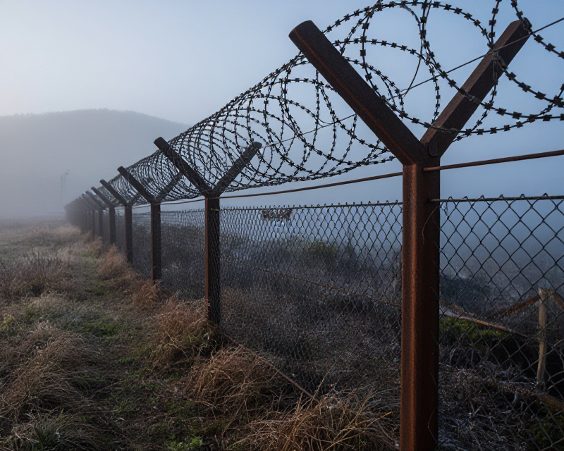 DMZ barbed wire fence at dawn